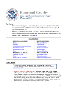 Homeland Security Daily Open Source Infrastructure Report 17 August 2011 Top Stories