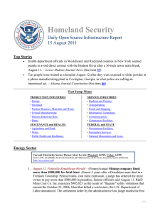 Homeland Security Daily Open Source Infrastructure Report 15 August 2011 Top Stories