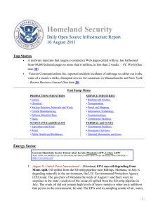Homeland Security Daily Open Source Infrastructure Report 10 August 2011 Top Stories