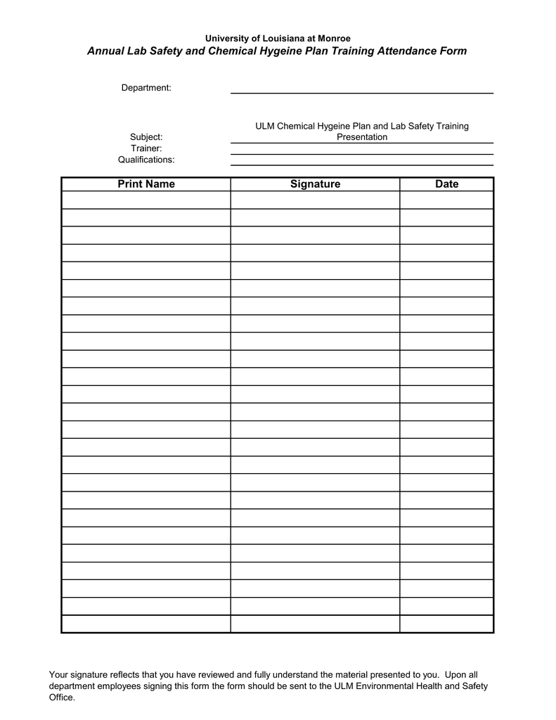 Annual Lab Safety And Chemical Hygeine Plan Training Attendance Form