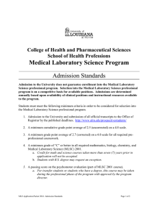Medical Laboratory Science Program Admission Standards College of Health and Pharmaceutical Sciences