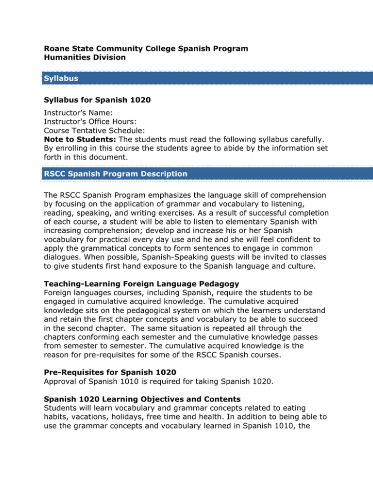 Roane State Community College Spanish Program Humanities Division Roane State Community College Spanish Program Humanities Division