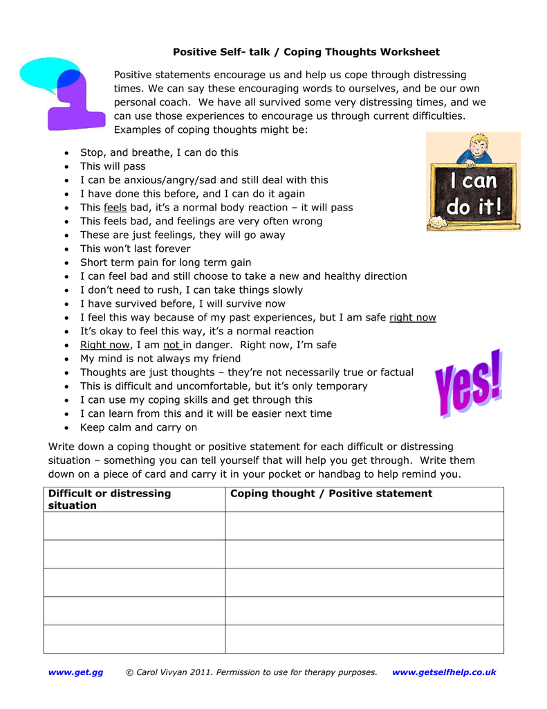 Positive Self- talk / Coping Thoughts  Worksheet With Positive Self Talk Worksheet