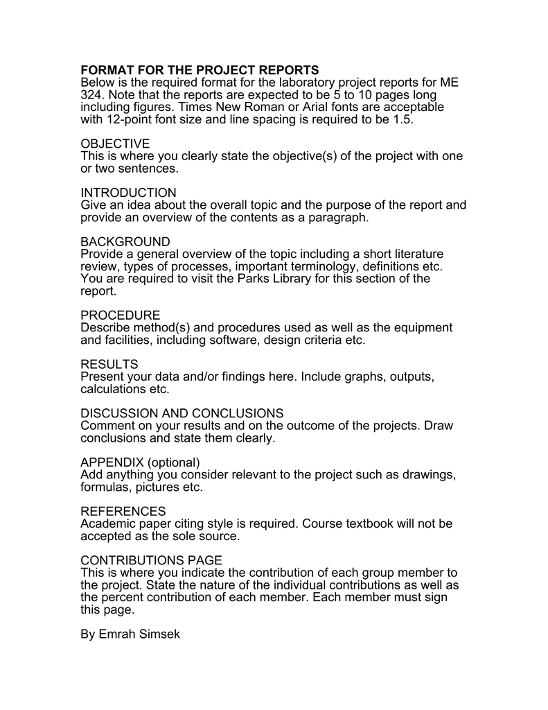 FORMAT FOR THE PROJECT REPORTS