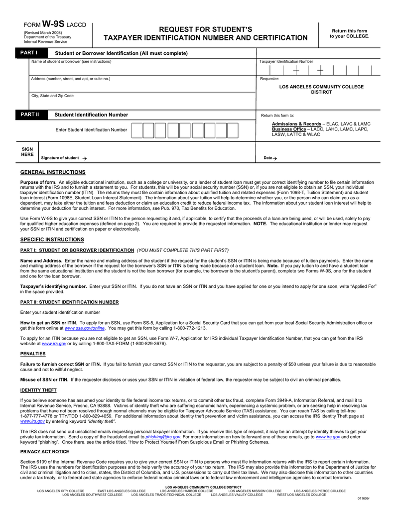 W 9s Request For Students Taxpayer Identification Number And Certification