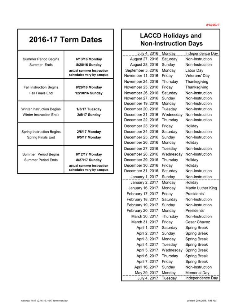 201617 Term Dates LACCD Holidays and NonInstruction Days