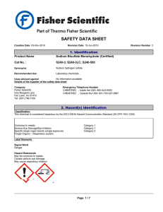 SAFETY DATA SHEET 1. Identification Product Name Sodium Bisulfate Monohydrate (Certified)