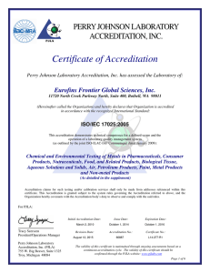 Certificate of Accreditation PERRY JOHNSON LABORATORY ACCREDITATION, INC. Eurofins Frontier Global Sciences, Inc.