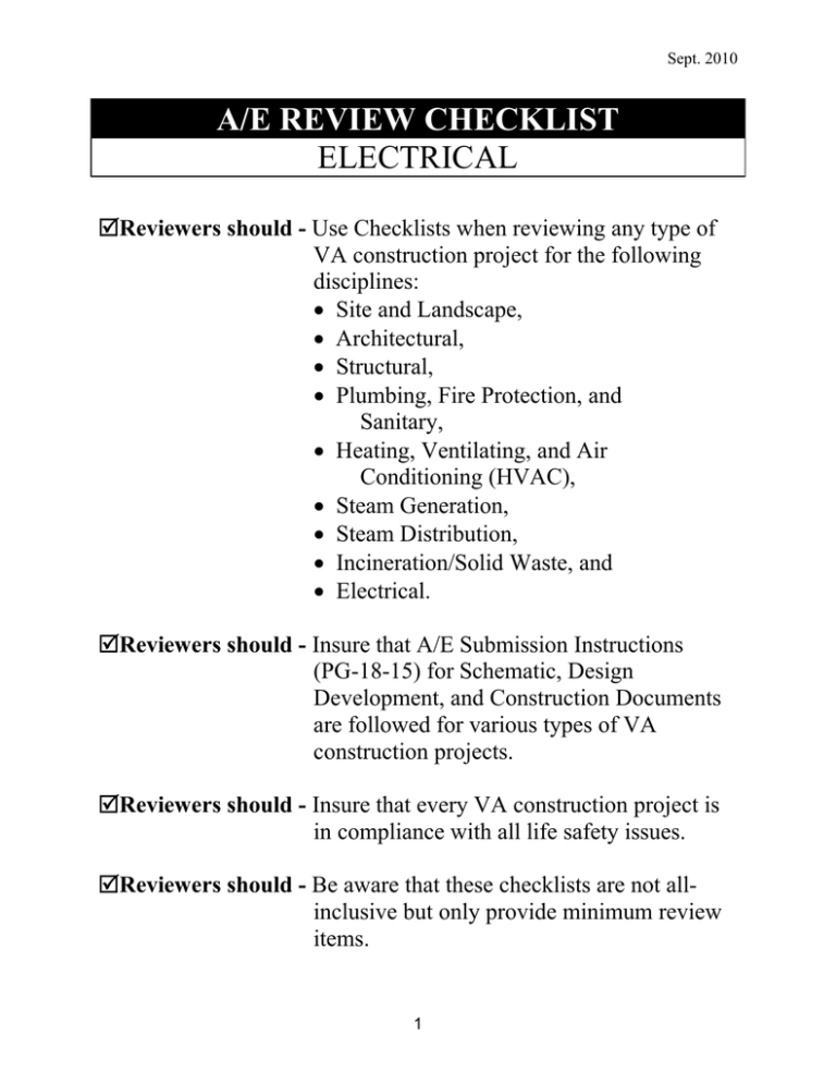 A E REVIEW CHECKLIST ELECTRICAL