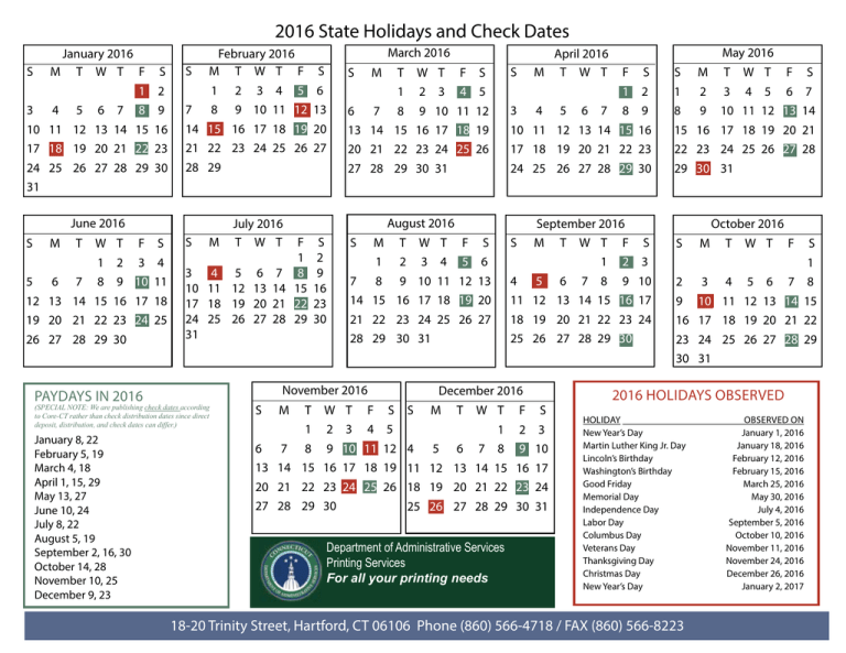 2016 State Holidays and Check Dates