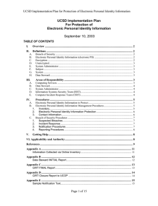 UCSD Implementation Plan For Protection of Electronic Personal Identity Information