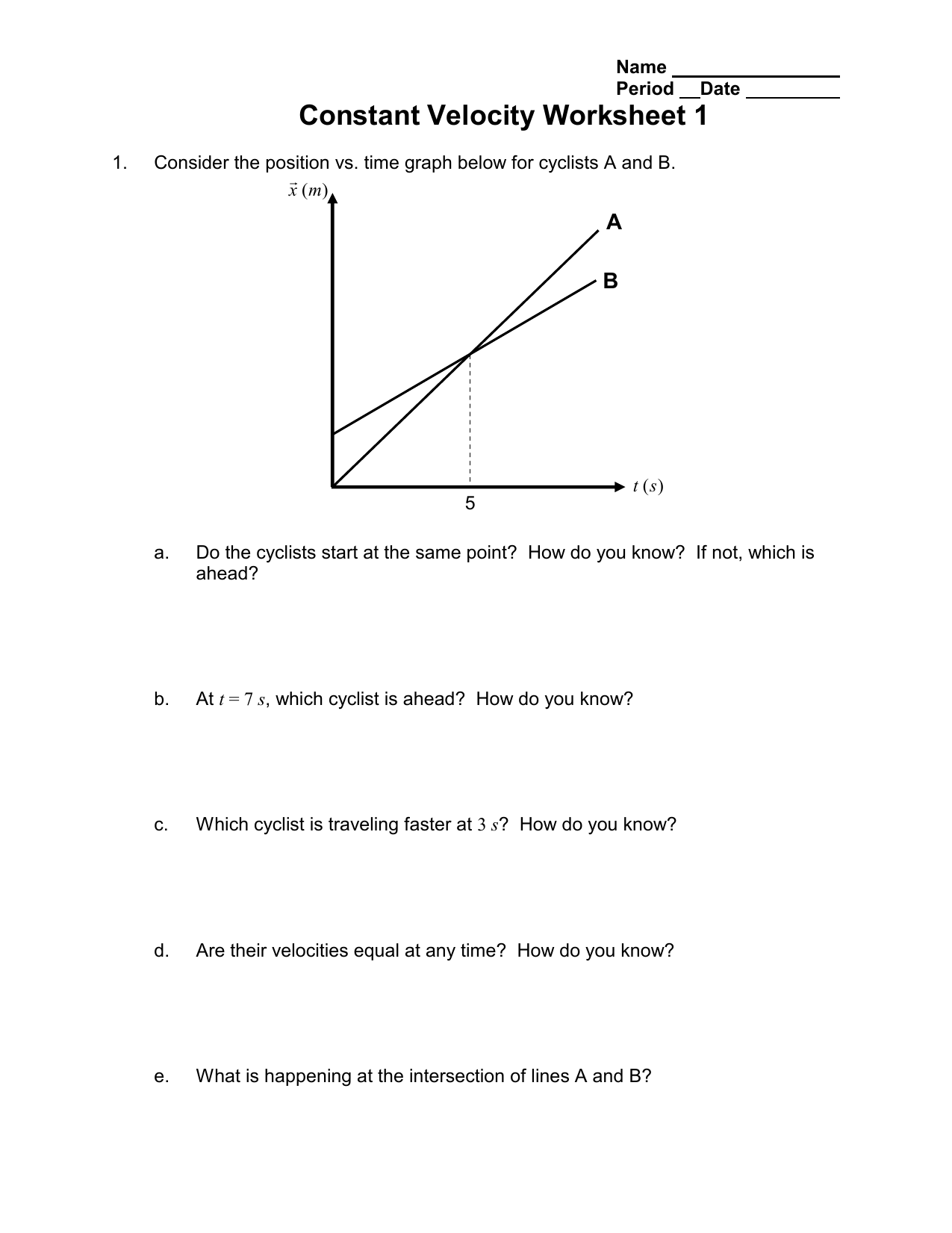 Constant Velocity Worksheet 25 A B For Position Time Graph Worksheet