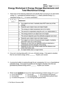 Energy Worksheet 4 Energy Storage Mechanisms and Total Mechanical Energy  