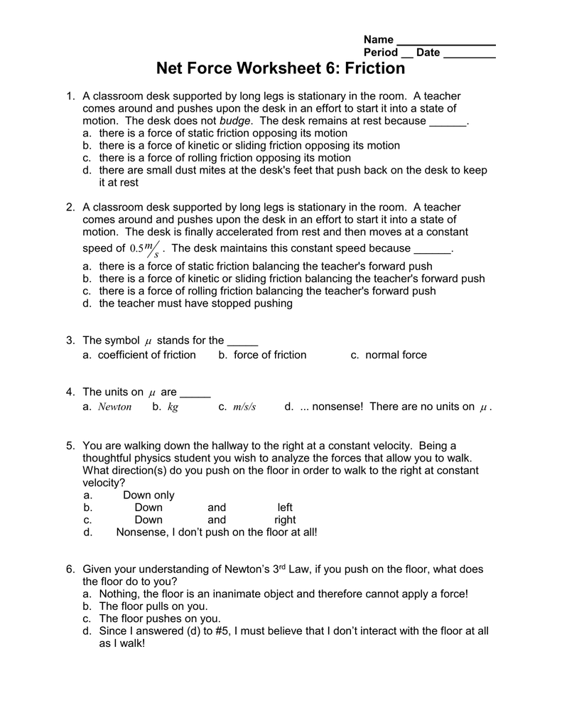 Net Force Worksheet 11: Friction Throughout Coefficient Of Friction Worksheet Answers