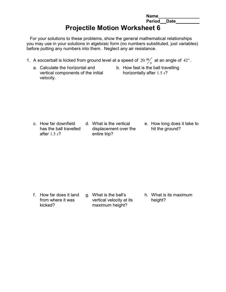 projectile motion problems worksheet answer key