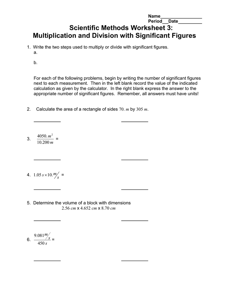 Scientific Methods Worksheet 3 Multiplication And Division With Significant Figures