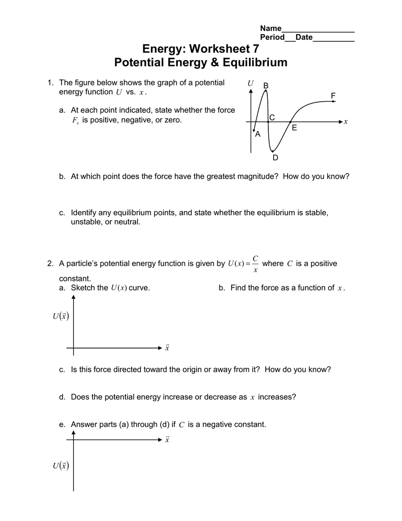 Energy: Worksheet 25 Potential Energy &amp; Equilibrium Intended For Potential Versus Kinetic Energy Worksheet