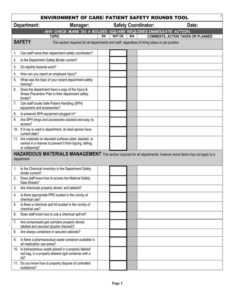 Environment Of Care Rounds Template