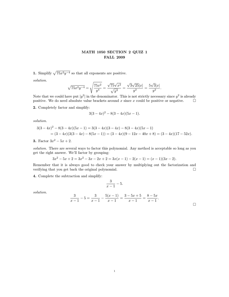 Math 1050 Section 2 Quiz 1 Fall 09 P 1 Simplify