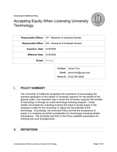 Accepting Equity When Licensing University Technology I. POLICY SUMMARY