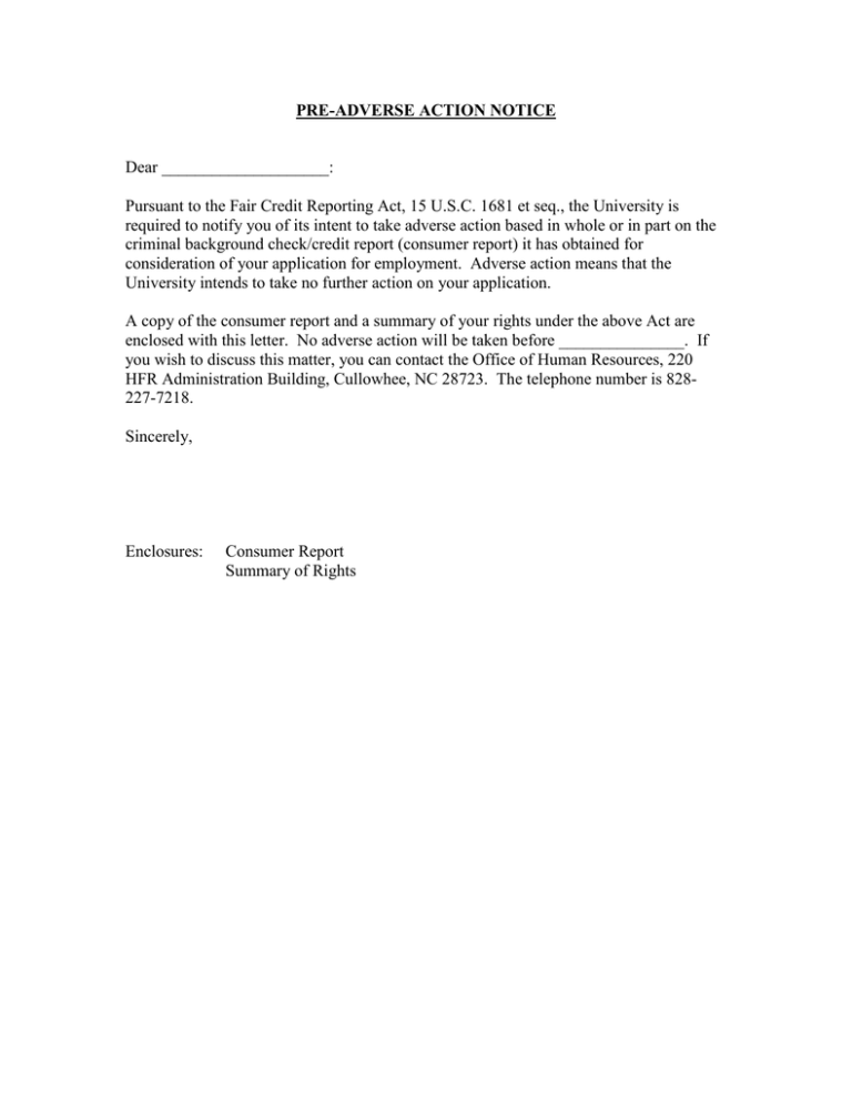 PRE ADVERSE ACTION NOTICE Dear
