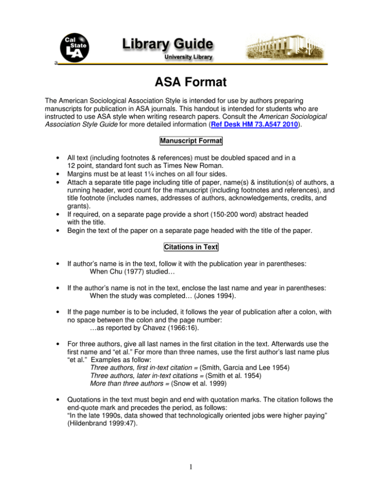 ASA Style Guide Formatting Citations ASA Style Guide Formatting Citations