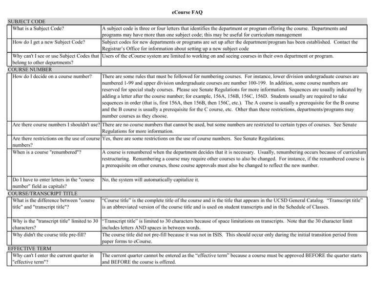 SUBJECT CODE What Is A Subject Code ECourse FAQ
