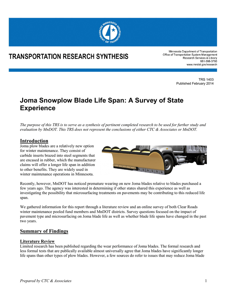 Joma Snowplow Blade Life Span A Survey of State Experience