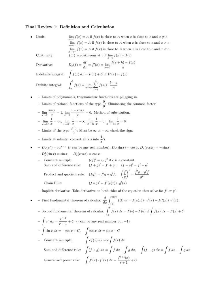 Final Review 1 Definition And Calculation