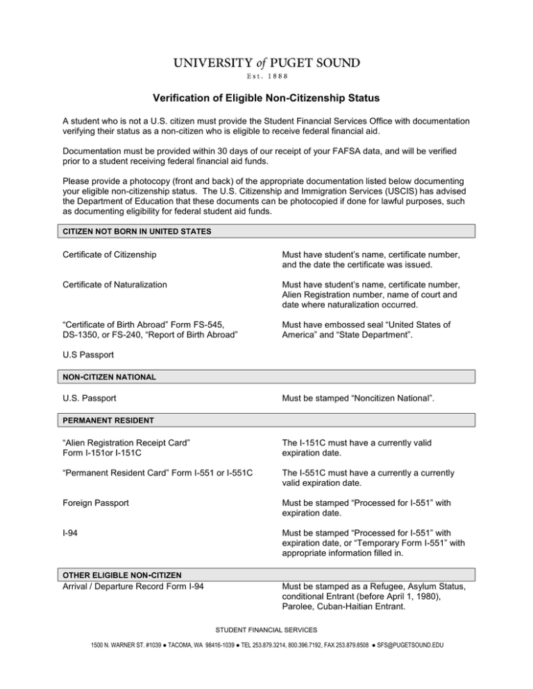 Verification of Eligible Non Citizenship Status