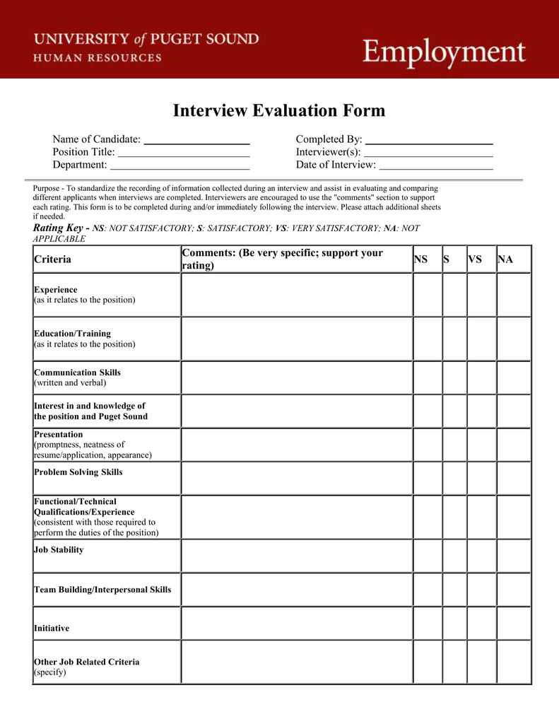 Interview Evaluation Form Name of Candidate Completed By