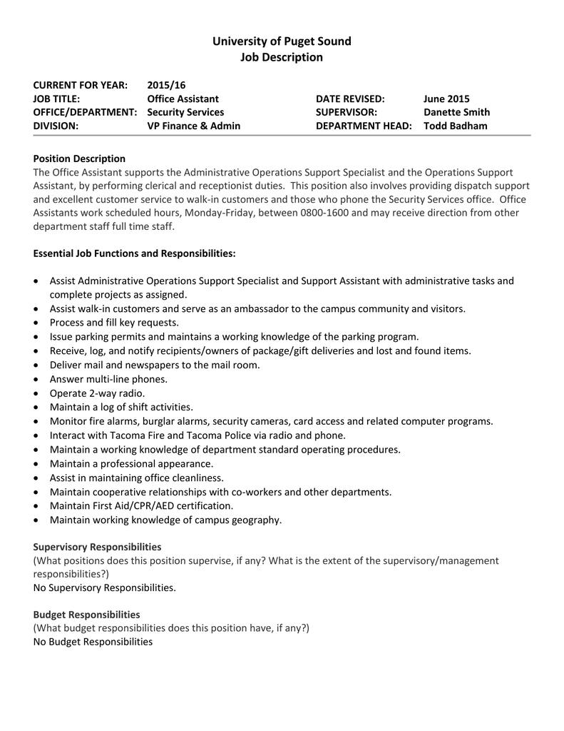 Regional finance assistant manager job description
