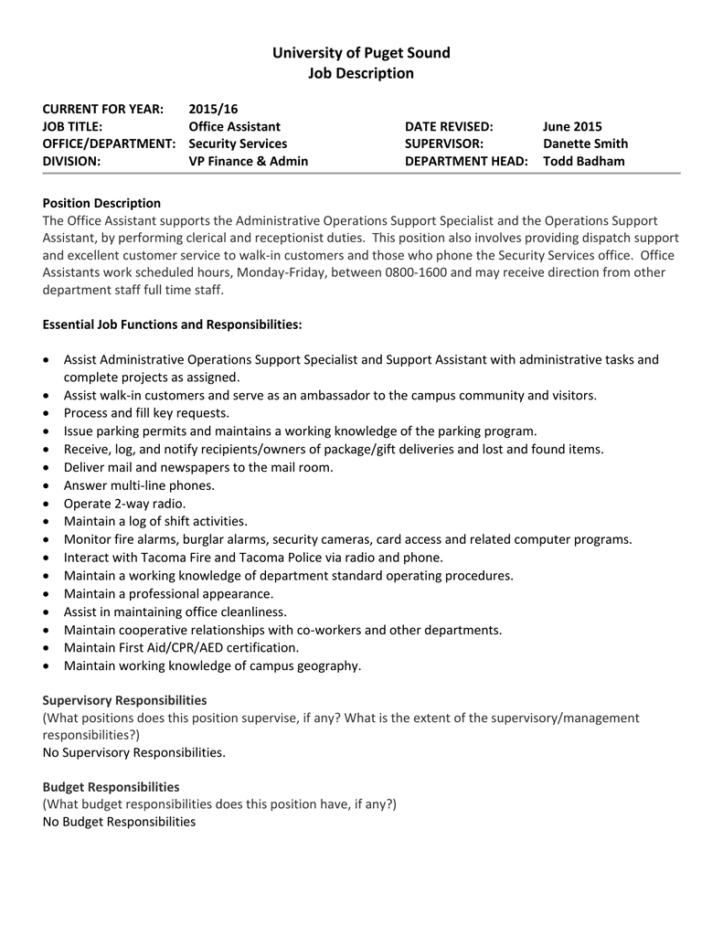 University of Puget Sound Job Description