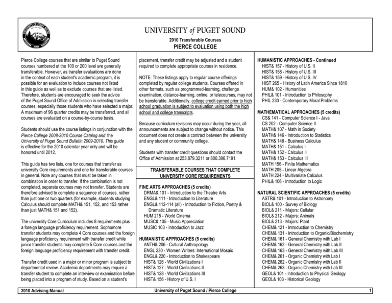 Pierce College courses that are similar to Puget Sound