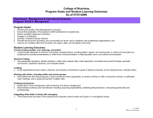 College of Business Program Goals and Student Learning Outcomes As of 07/21/2006