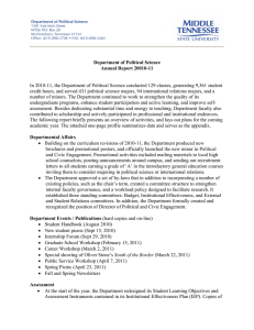 In 2010-11, the Department of Political Science conducted 129 classes,... credit hours, and served 431 political science majors, 94 international... Department of Political Science