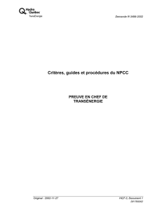 Critères, guides et procédures du NPCC PREUVE EN CHEF DE TRANSÉNERGIE