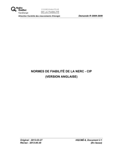 NORMES DE FIABILITÉ DE LA NERC - CIP (VERSION ANGLAISE) Demande