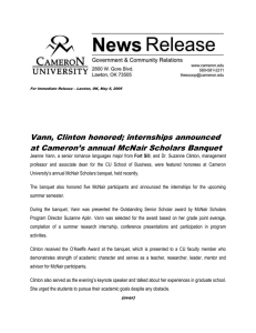 Vann, Clinton honored; internships announced at Cameron’s annual McNair Scholars Banquet