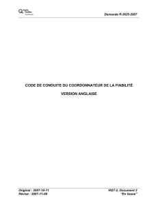 CODE DE CONDUITE DU COORDONNATEUR DE LA FIABILITÉ  VERSION ANGLAISE Demande R-3625-2007