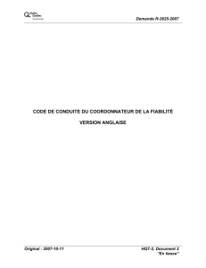 CODE DE CONDUITE DU COORDONNATEUR DE LA FIABILITÉ  VERSION ANGLAISE Demande R-3625-2007