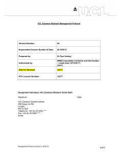 UCL Eastman Biobank Management Protocol Version Number: 05