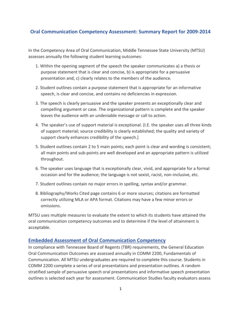 Oral Communication Competency Assessment Summary Report for 20092014