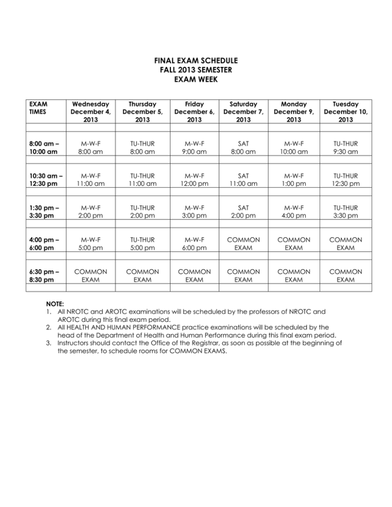 FINAL EXAM SCHEDULE FALL 2013 SEMESTER EXAM WEEK