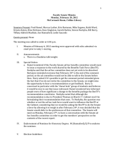 1 Senators Present: Fred Hamel, Marcus Luther, Kris Bartanen, Mike Segawa,... Kriszta Kotsis, Elise Richman, Ross Singleton, Gareth Barkin, Steven Neshyba,...