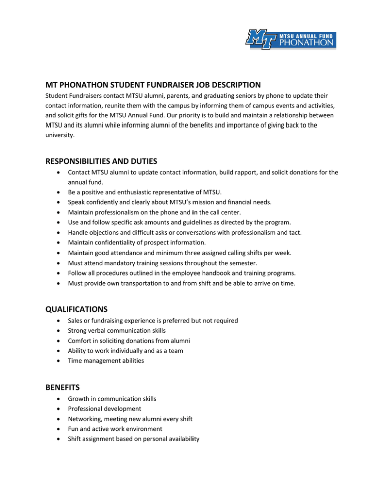 MT PHONATHON STUDENT FUNDRAISER JOB DESCRIPTION