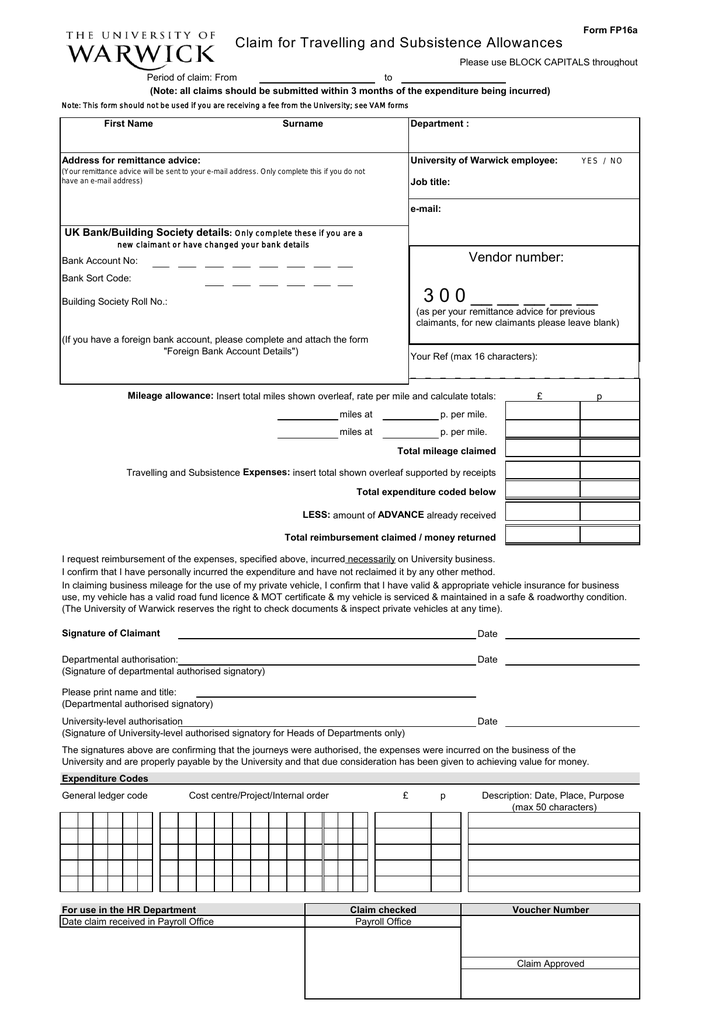 Claim For Travelling And Subsistence Allowances