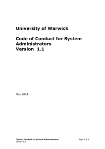 University of Warwick  Code of Conduct for System Administrators