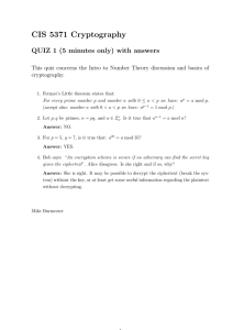 CIS 5371 Cryptography QUIZ 1 (5 minutes only) with answers cryptography.