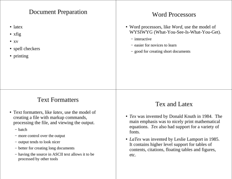Document Preparation Word Processors Text Formatters Tex And Latex